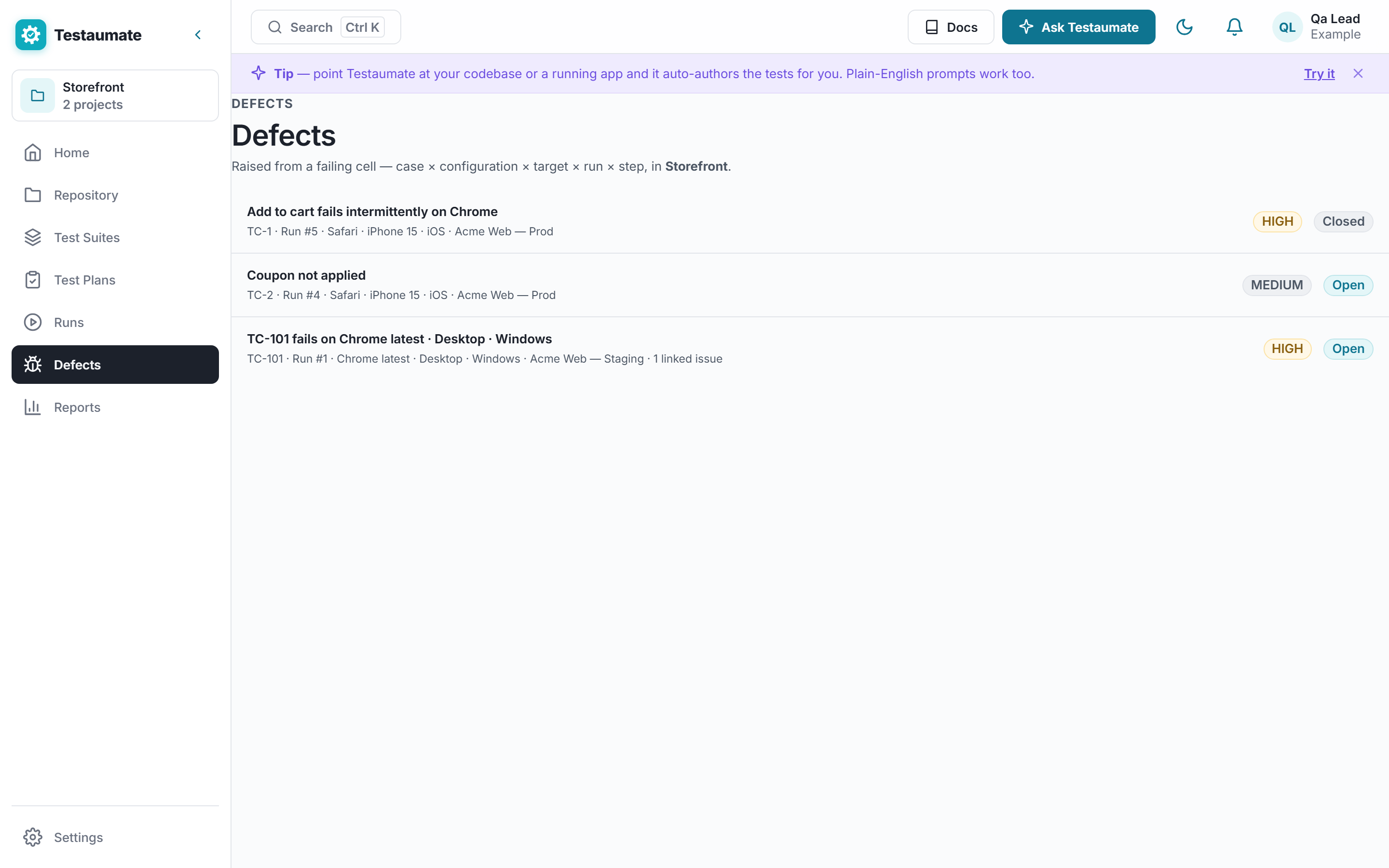 The Defects screen, listing defects linked to the case results they came from.