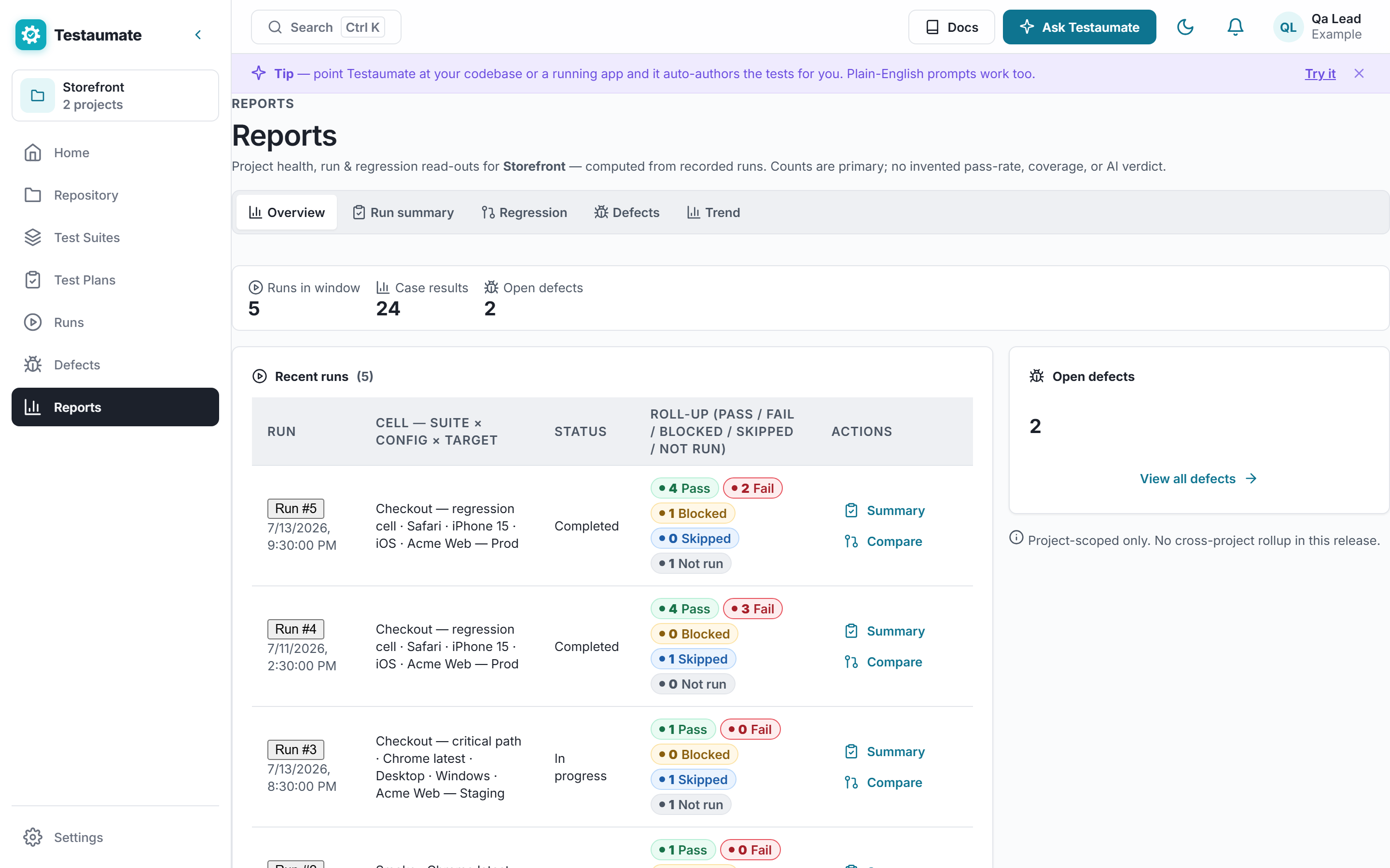 The Testaumate reports screen, showing recent runs by cell: suite, configuration and target, each with pass, fail, blocked and skipped counts.
