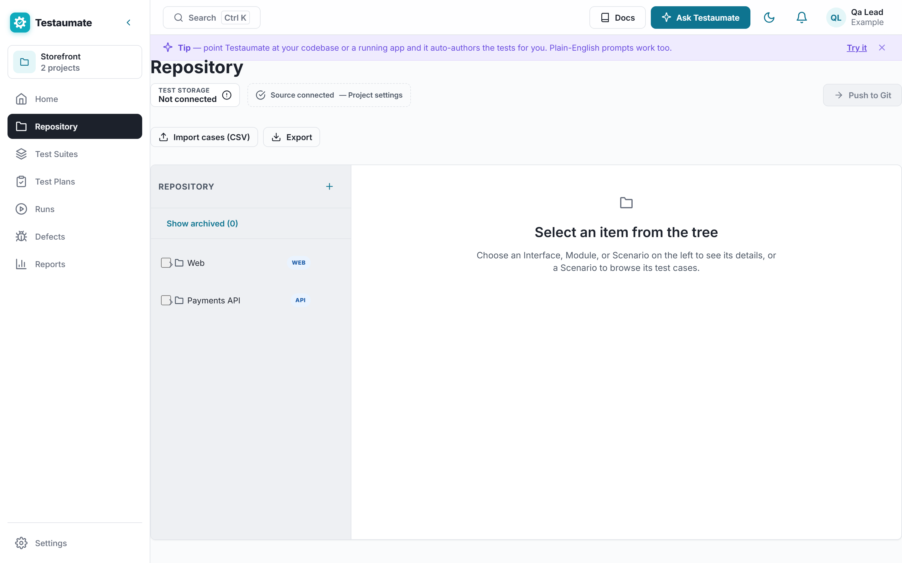 The Testaumate repository screen, with the case tree organised by interface, module and scenario.
