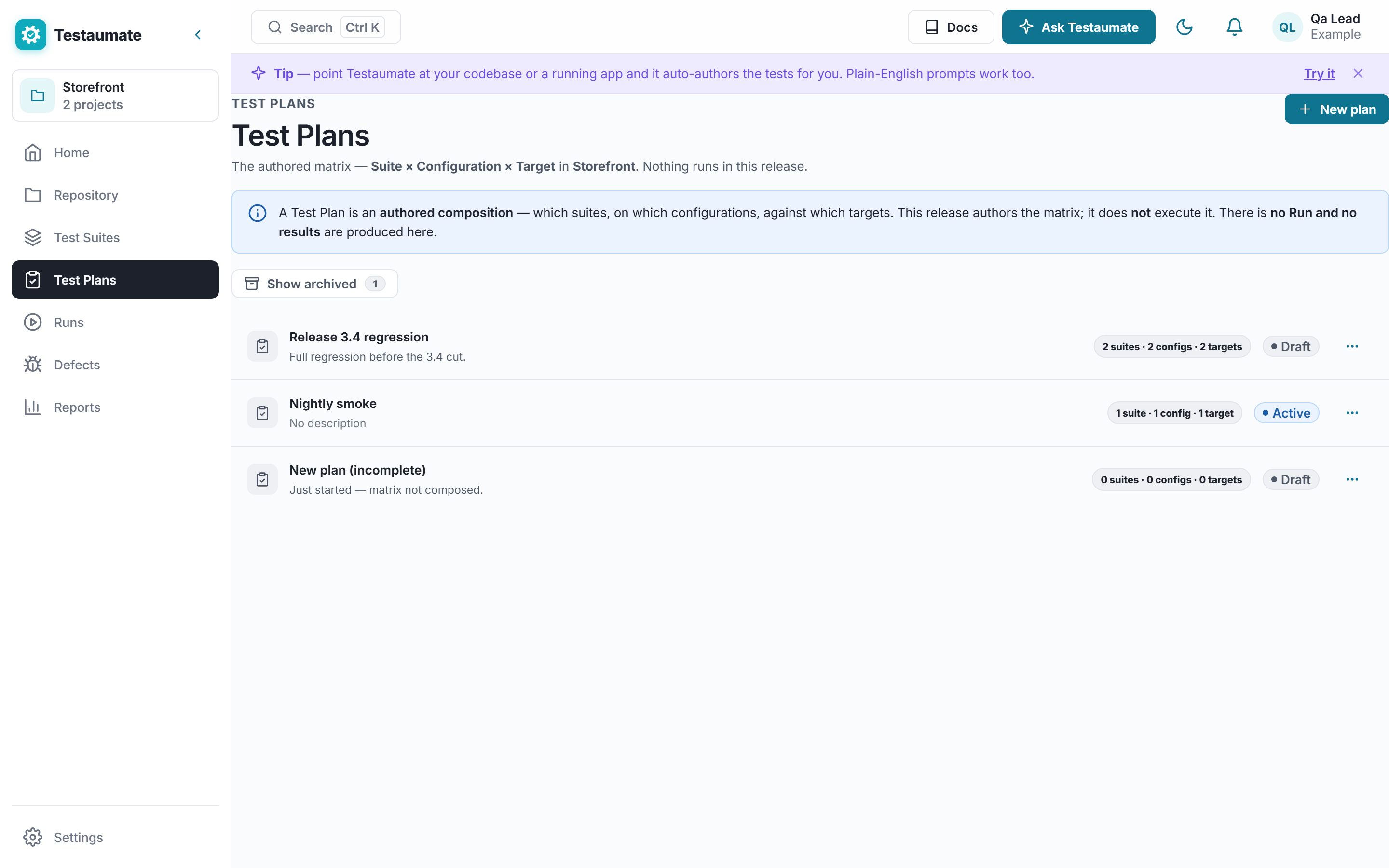 The Test Plans screen, showing plans composed as suite by configuration by target.